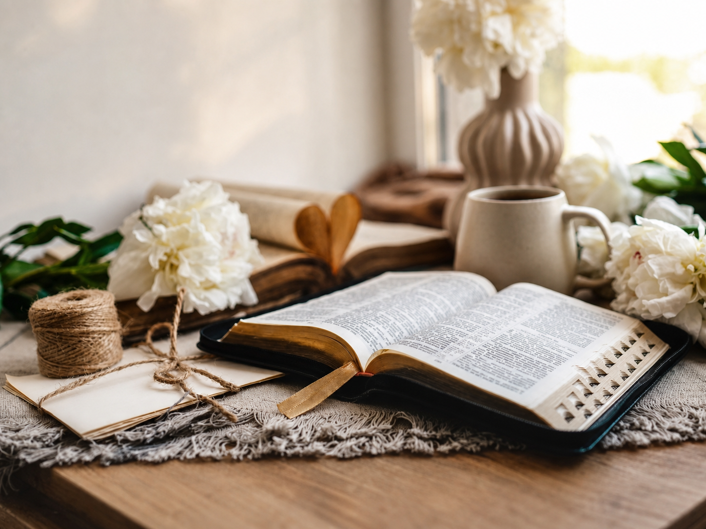 A warm cup of coffee beside an open Bible in soft morning light